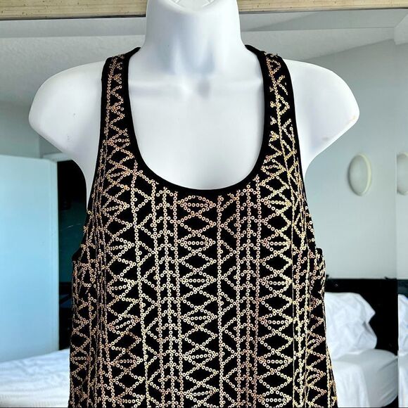 LAUNDRY BY SHELLI SEGAL Black Gold Sequined Sleeveless Sheath Dress Size M - Picture 2 of 7